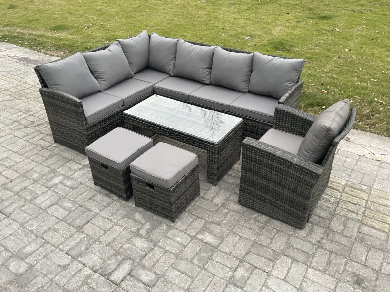 Fimous 9 Seater Outdoor Rattan Garden Furniture Set Corner Sofa Oblong Coffee Table Sets with Patio 2 Small Footstools Armchair Dark Grey Mixed