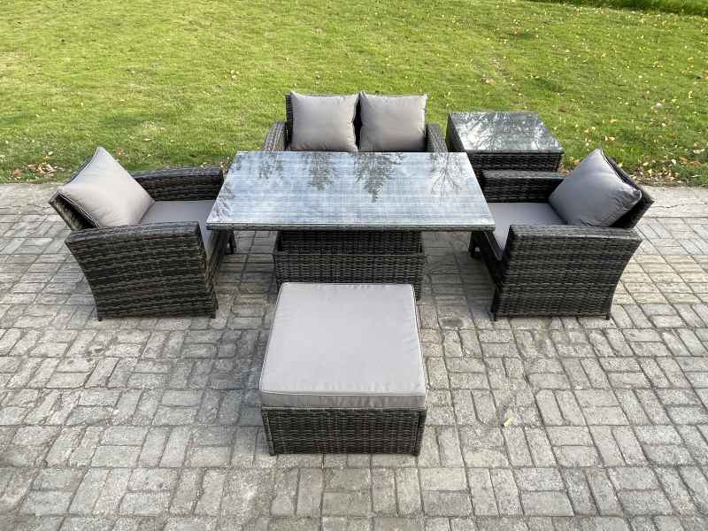 Fimous Outdoor Garden Dining Sets 5 Seater Rattan Patio Furniture Sofa Set with Rising Lifting Table Big Footstool Side Table Dark Grey Mixed