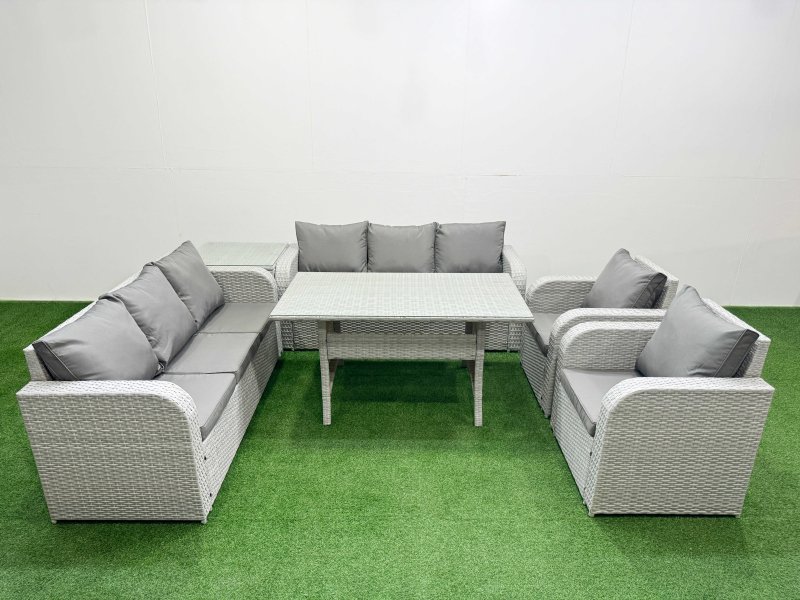 Fimous PE Rattan High Back Lounge Sofa Set Patio Rectangular Dining Table & Chairs Set with 3 Seater Sofa Reclining Chair Side Table Light Grey