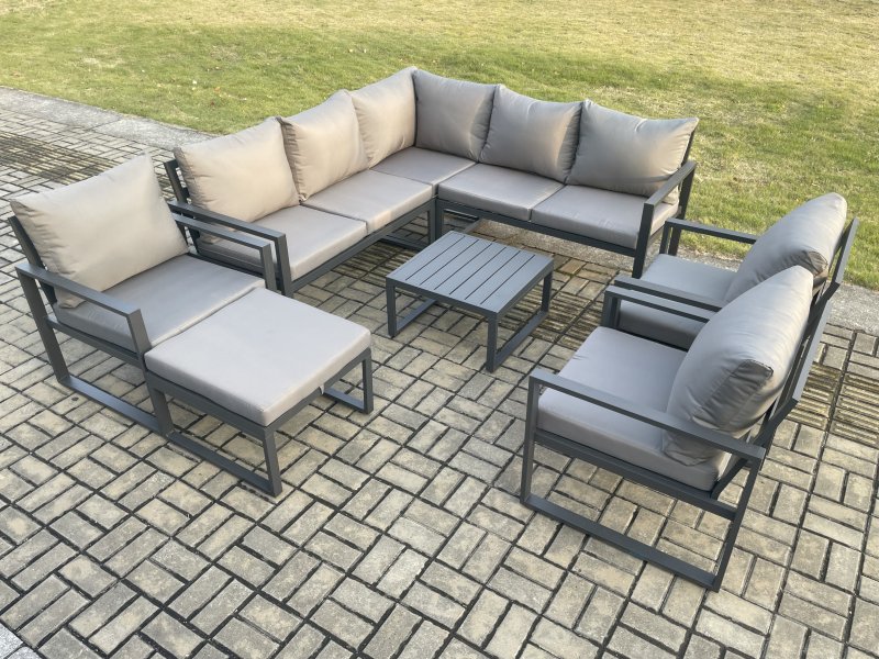 Fimous 9 Seater Outdoor Aluminium Garden Furniture Set Corner Lounge Sofa Set with Square Coffee Table Chair Big Footstool Dark Grey