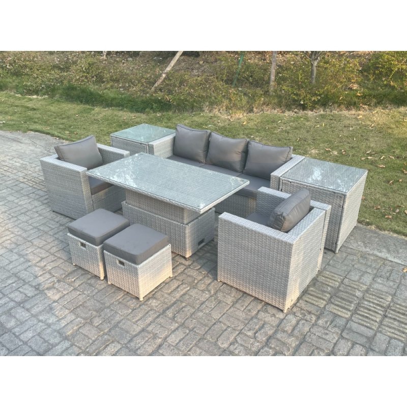 Fimous Rattan Garden Funiture Set Adjustable Rising Lifting Table Sofa Dining Set With 2 Arm Chair 2 Side Table Stools