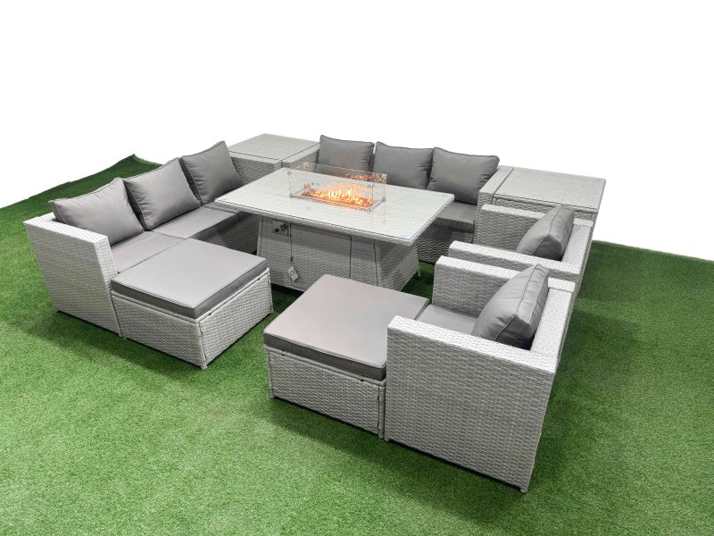 Fimous 10 Seat PE Rattan Lounge Sofa Set Outdoor Garden Furniture Set with Firepit Dining Table 3 Seater Sofa 2 Side Tables 2 Big Footstool Light Grey
