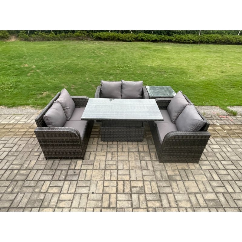 Fimous Outdoor Rattan Furniture Garden Dining Set Height Adjustable Rising lifting Table With 3 PC Love Sofa Side Table
