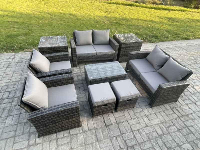 Fimous Garden Furniture Sets 9 Pieces Outdoor Rattan Furniture Manual Wicker Patio Sofa Chair Set with Coffee Table 2 Small Footstools 2 Side Tables Dark Grey Mixed
