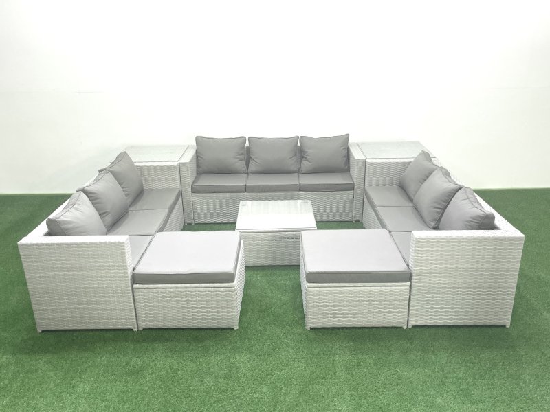 Fimous Rattan Garden Outdoor Furniture Set 11 Seater Rattan Garden Sofa Set with 2 Big Footstools 2 Side Tables Light Grey Mixed