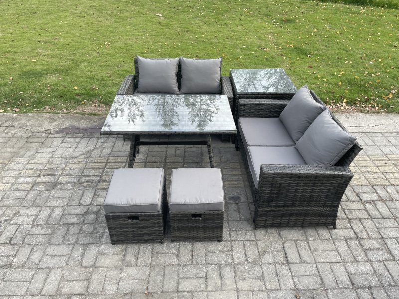Fimous Garden Furniture Sets 6 Pieces Wicker Rattan Furniture Manual Wicker Patio Sofa Patio Conversation Set with Side Table 2 Small Footstools Dark Grey Mixed