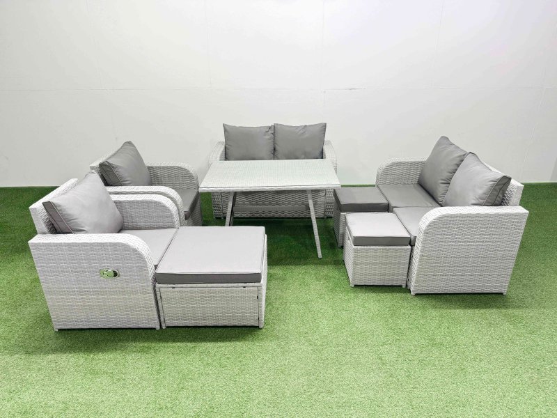 Fimous 9 Seater Rattan Garden Furniture Set Outdoor Love Sofa Set with Rectangular Dining Table 3 Footstools Light Grey