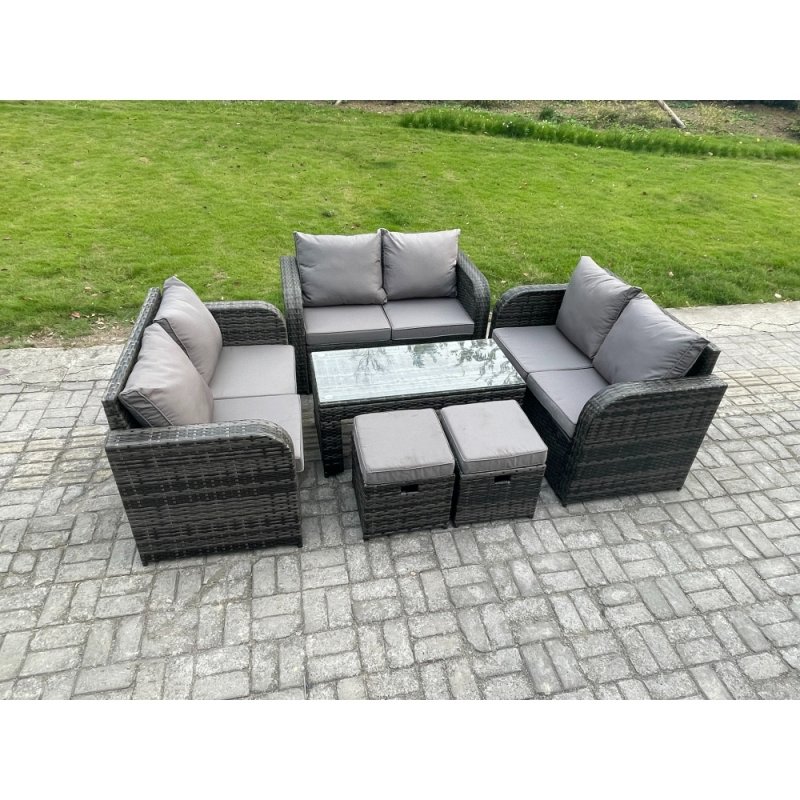 Fimous Outdoor Garden Furniture Sets 6 Pieces Wicker Rattan Furniture Sofa Sets with Rectangular Coffee Table Love seat Sofa 2 Small Footstools