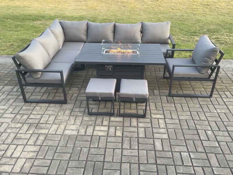 Fimous Aluminium Patio Outdoor Garden Furniture Corner Sofa Set Gas Fire Pit Dining Table with Chair 2 Small Footstools Dark Grey