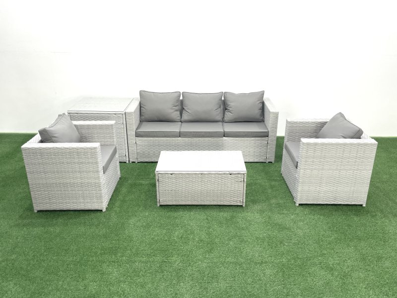 Fimous Rattan Garden Furniture Set with 3 Seater Sofa 2 Chair Rectangular Coffee Table Side Table Light Grey Mixed 5 Seater