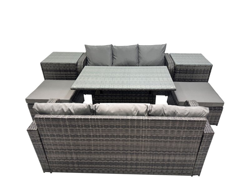 Fimous 8 Seat Outdoor Wicker PE Rattan Garden Furniture Set Dining Table Sofa Set with 2 Big Stool 2 Side Tables Dark Grey Mixed