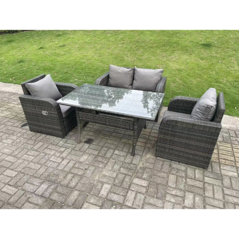 Fimous Dark Grey PE Wicker Rattan Garden Furniture Set Love Sofa Reclining Chair Outdoor Rectangular Dining Table 4 Seater