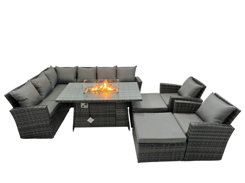 Fimous Poly Rattan Outdoor Patio Gas Firpit Dining Table Corner Sofa Set with 2 Big Stools 2 Chairs for Garden Backyard Dark Grey Mixed
