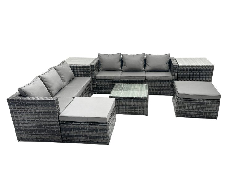 Fimous Outdoor Rattan Garden Furniture Set 8 Seater Patio Lounge Sofa Set with Square Coffee Table 2 Side Tables 2 Big Footstools Dark Grey Mixed