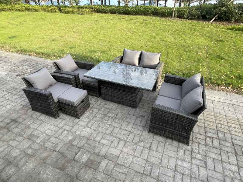 Fimous Rattan Garden Furniture Sets Patio Outdoor Rising Lifting Table Sofa Set with Double Seat Sofa 2 Small Footstools Dark Grey Mixed