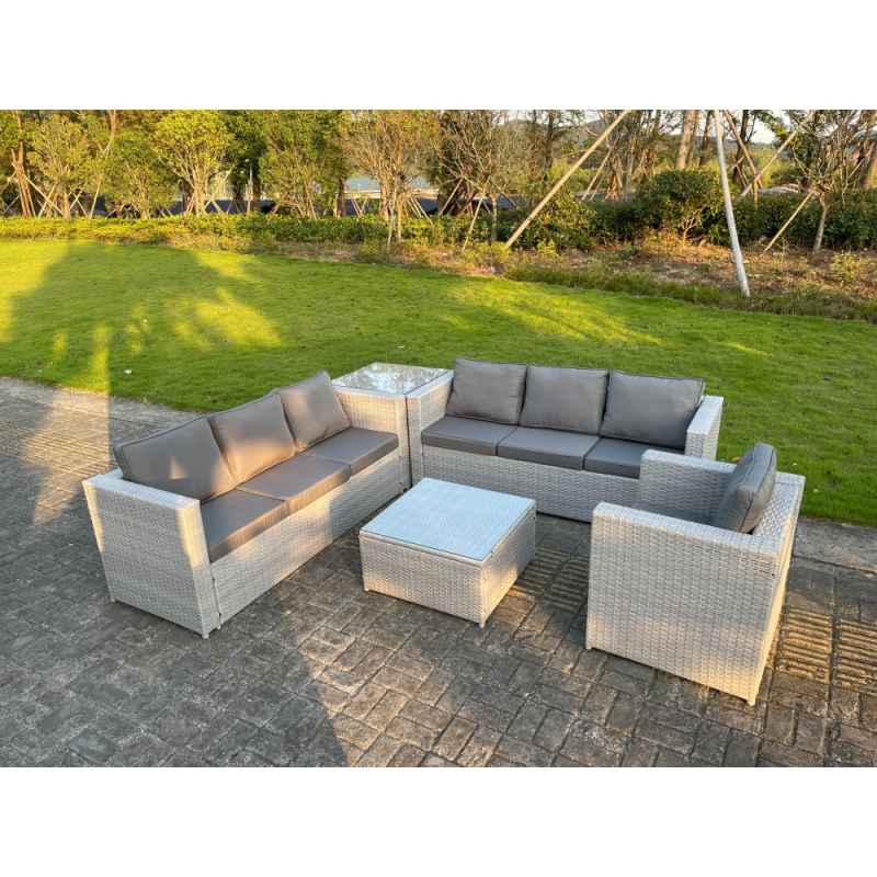 Fimous Light Grey Rattan Garden Outdoor Lounge Sofa Set Chair Sofa Side Table Square Coffee Table 7 Seater