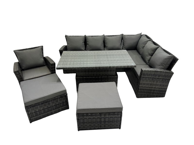 Fimous 9 Seat Rattan Garden Furniture Corner Sofa Set Outdoor Adjustable Lifting Dining or Coffee Table Set with 2 Big Footstools Dark Grey Mixed