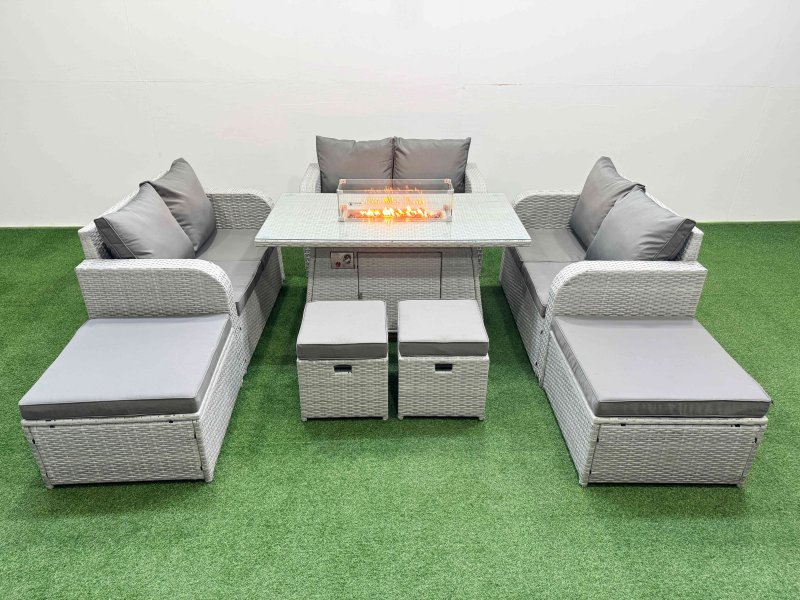 Fimous PE Rattan Lounge Sofa Set 10 Seater Outdoor Garden Furniture Set with Gas Firepit Table Love Sofa 2 Big Footstools Light Grey