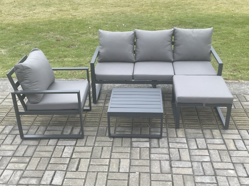 Fimous Aluminium Outdoor Garden Furniture Set Lounge Sofa Chair Square Coffee Table Sets with Big Footstool Dark Grey