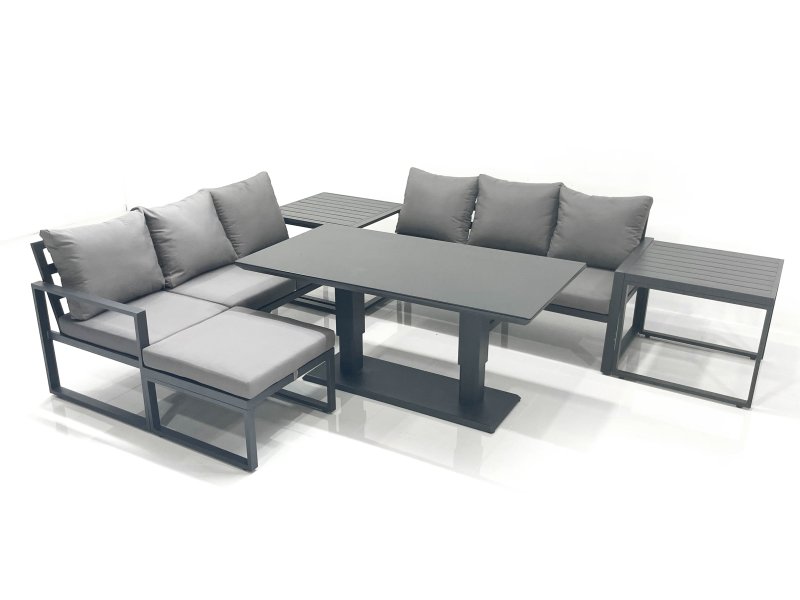 Fimous 7 Seater Aluminium Outdoor Garden Furniture Set with Adjustable Rising Lifting Dining Table 3 Seater Sofa Big Footstool 2 Side Tables Dark Grey