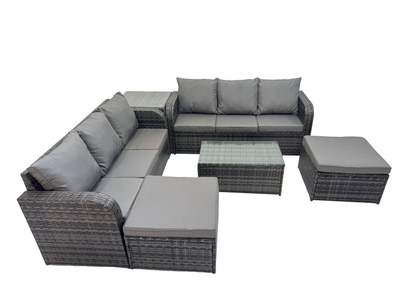 Fimous Outdoor 3 Seater Sofa Coffee Table Set Garden Rattan Furniture Set 8 Seater with 2 Big Stools Side Table Dark Grey