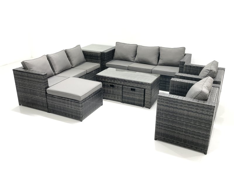 Fimous Rattan Garden Furniture Sofa Set with Coffee table Armchair Side Table 3 Footstools Dark Grey Mixed
