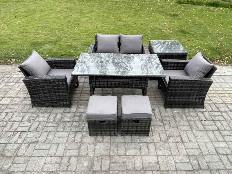 Fimous PE Wicker Outdoor Garden Furniture Set Patio Furniture Rattan Rectangular Dining Table Lounge Sofa with Side Table 2 Small Footstool