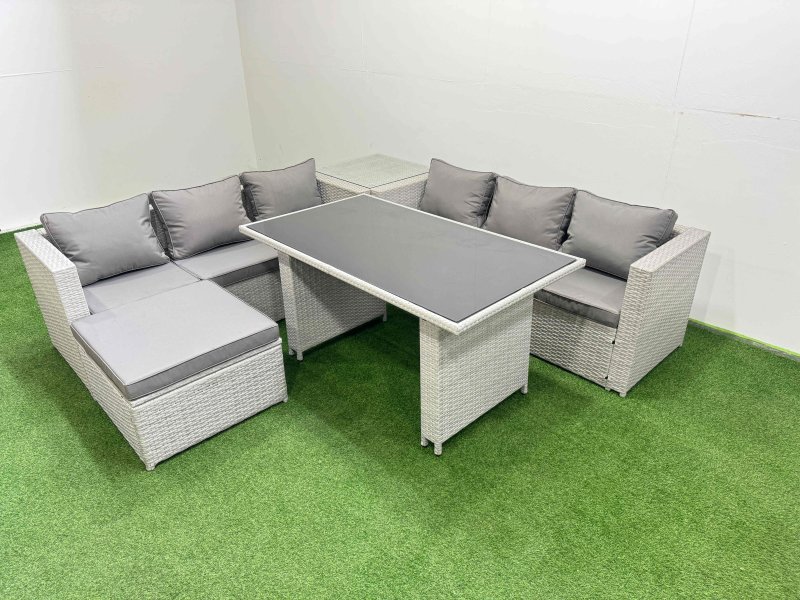 Fimous Rattan Garden Furniture Dining Set 7-seater Patio Rectangular Table Sofa Set with Side Table Big Stool Light Grey