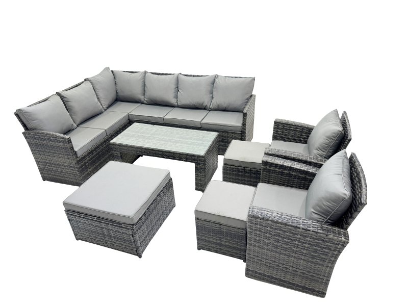 Fimous 11 Seat Poly Rattan Outdoor Patio Oblong Coffee Table Corner Sofa Set with 3 Stools 2 Chairs for Garden Backyard Dark Grey Mixed