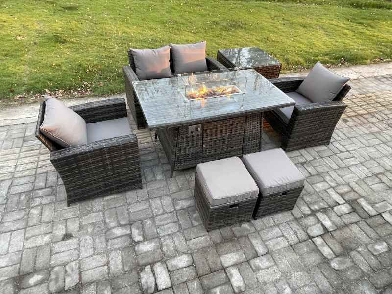Fimous 6 Seater?Outdoor Rattan Sofa Set Garden Furniture Gas Firepit Dining Table Heater with Side Table 2 Small Footstool Dark Grey Mixed