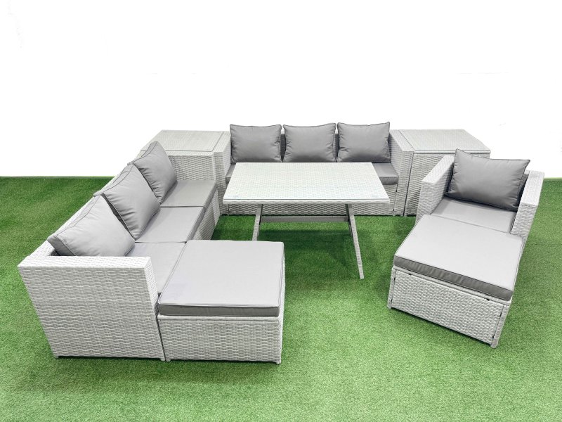 Fimous Outdoor Rattan Garden Furniture Dining Set 9-seater Patio Rectangular Table 3 Seater Sofa Armchair Set with 2 Side Tables 2 Big Stools
