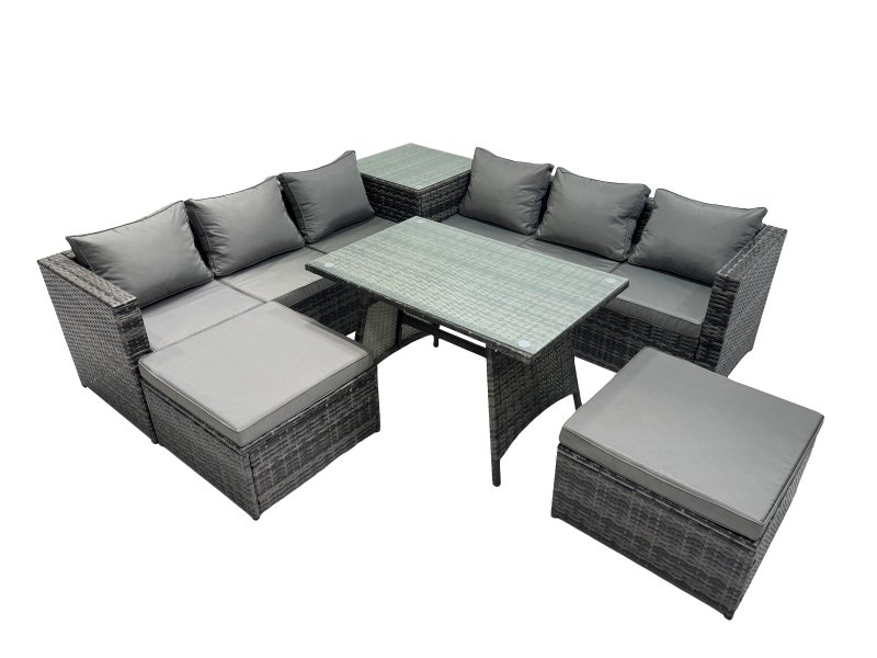Fimous Outdoor Corner Sofa Dining Table Set Garden Rattan Furniture Set 8 Seater with Side Table 2 Big Stools Dark Grey