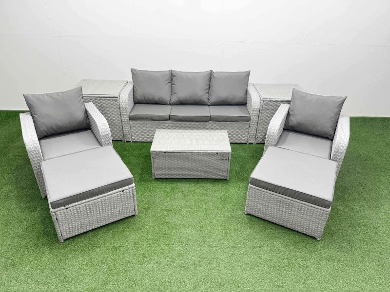 Fimous PE Rattan Garden Furniture Set Reclining Chair Sofa Lounge Sofa Set Oblong Coffee Table 2 Side Table 2 Big Footstool Light Grey