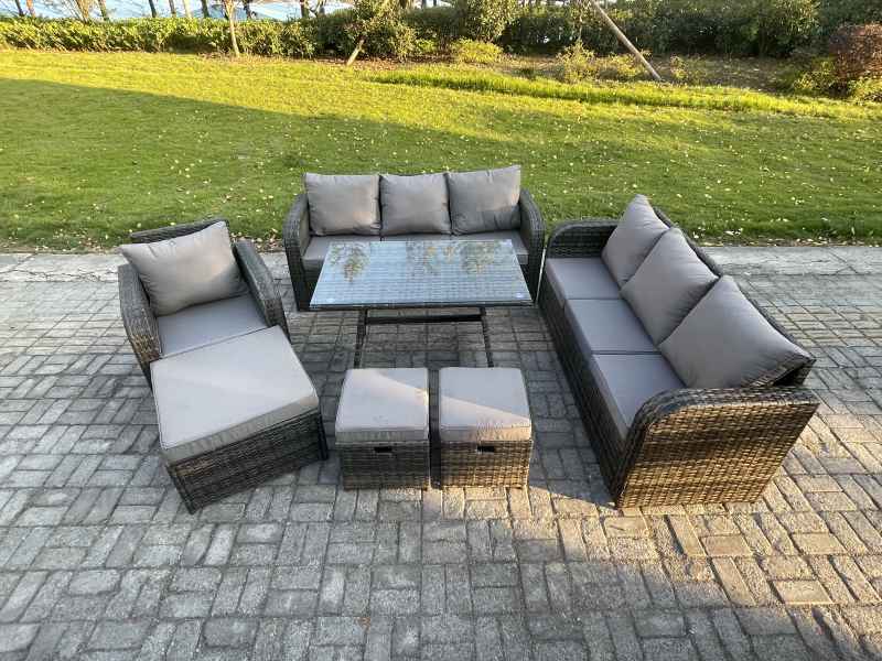 Fimous Wicker 7 Pieces Rattan Garden Furniture Sofa Set with Rectangular Dining Table Armchair 3 Footstools Dark Grey Mixed