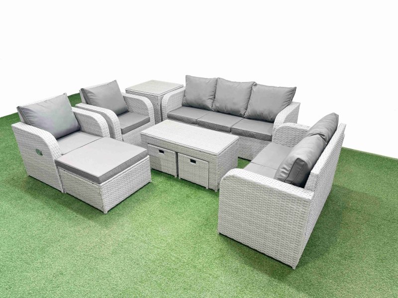 Fimous PE Rattan Garden Furniture Set Adjustable Chair Sofa Double Love Seat 2 Seater Sofa Lounge Set Rectangular Coffee Table 3 Stools Side Table Light Grey