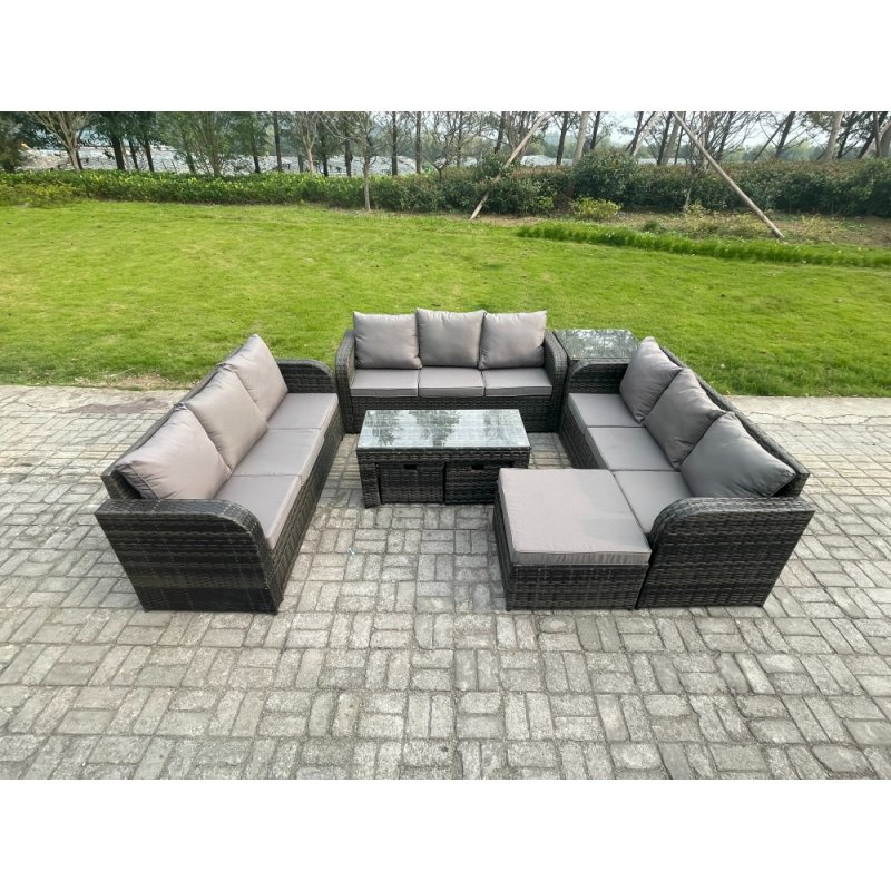 Fimous 12 Seater Rattan Garden Furniture Set Indoor Outdoor Patio Sofa Set with Coffee Table 3 Footstools Side Table Dark Grey Mixed