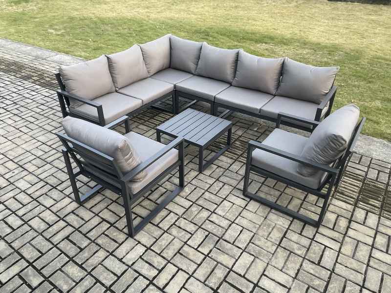 Fimous Aluminium Garden Furniture Set Outdoor Lounge Corner Sofa 2 Pcs Chair Square Coffee Table Sets Dark Grey 8 Seater