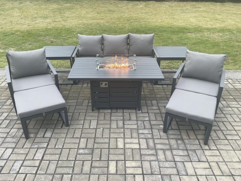 Fimous Aluminium Patio Outdoor Garden Furniture Lounge Sofa Set Gas Fire Pit Dining Table with 2 Side Tables 2 Big Footstools Dark Grey