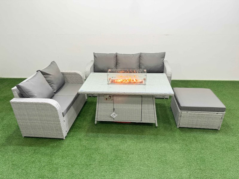 Fimous 6 Seater PE Rattan Wicker Garden Furniture Patio Conservatory Sofa Set with Firepit Dining Table 3 Seater Sofa Love Sofa Big Footstool