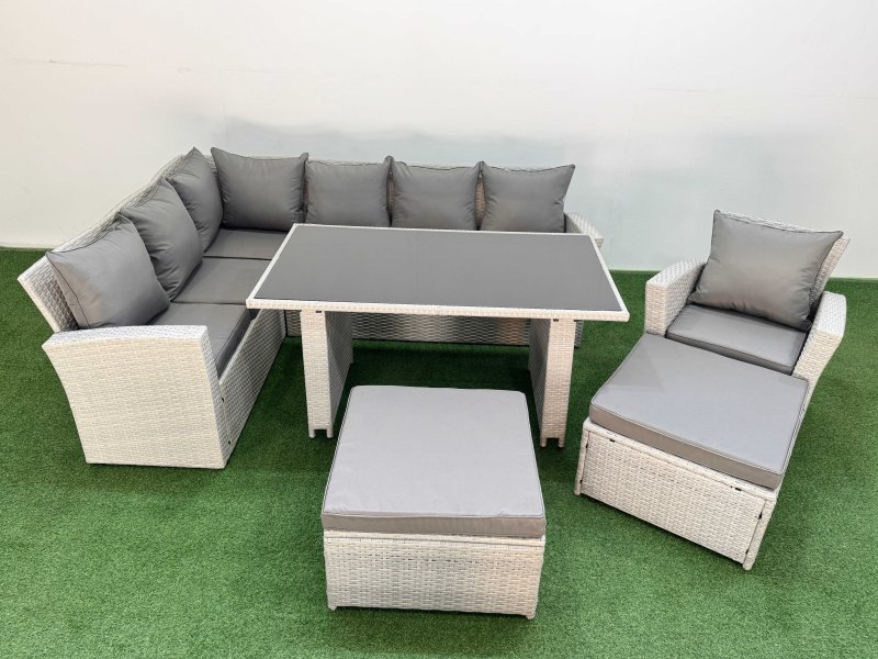 Fimous 9 Seater Wicker Rattan Corner Sofa Sets Outdoor Garden Furniture Sets with Rectangular Dining Table Lounge Sofa 2 Big Footstools Armchair Light Grey