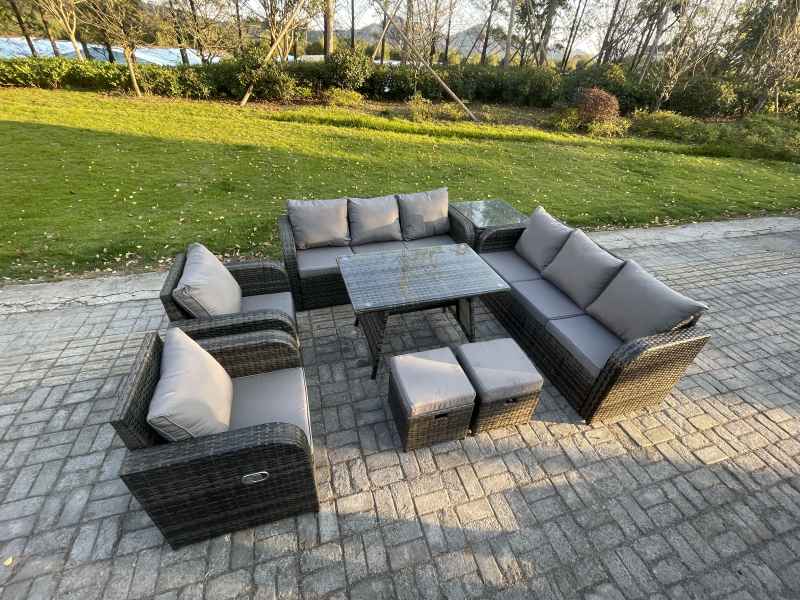 Fimous 10 Seater Rattan Outdoor Garden Furniture Sofa Set Patio Table & Chairs Set with 3 Seater Sofa Rectangular Dining Table Side Table 2 Small Footstools Dark Grey Mixed