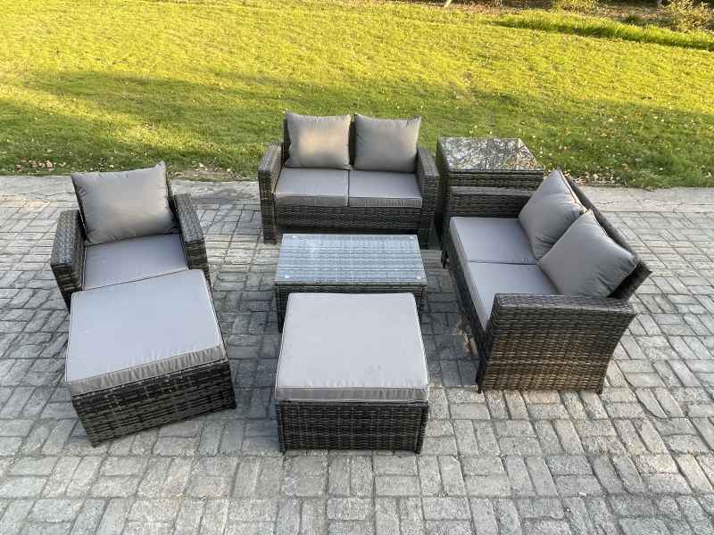 Fimous Rattan Garden Furniture Set 7 Seater Patio Outdoor Lounge Sofa Chair Set with Rectangular Coffee Table 2 Big Footstool Side Table Dark Grey Mixed