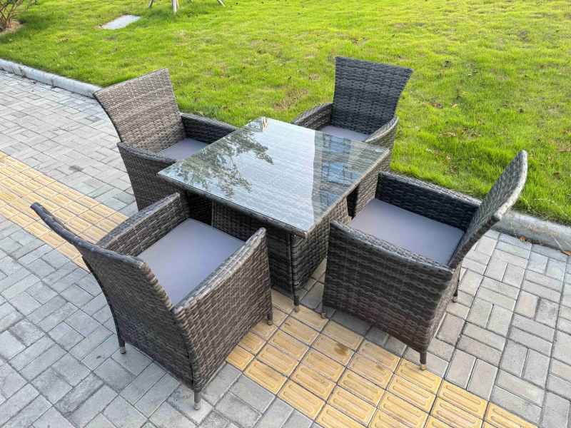 Fimous Rattan Garden Furniture Dining Set 4-seater Patio Square Table Chairs Outdoor Dark Grey Mixed