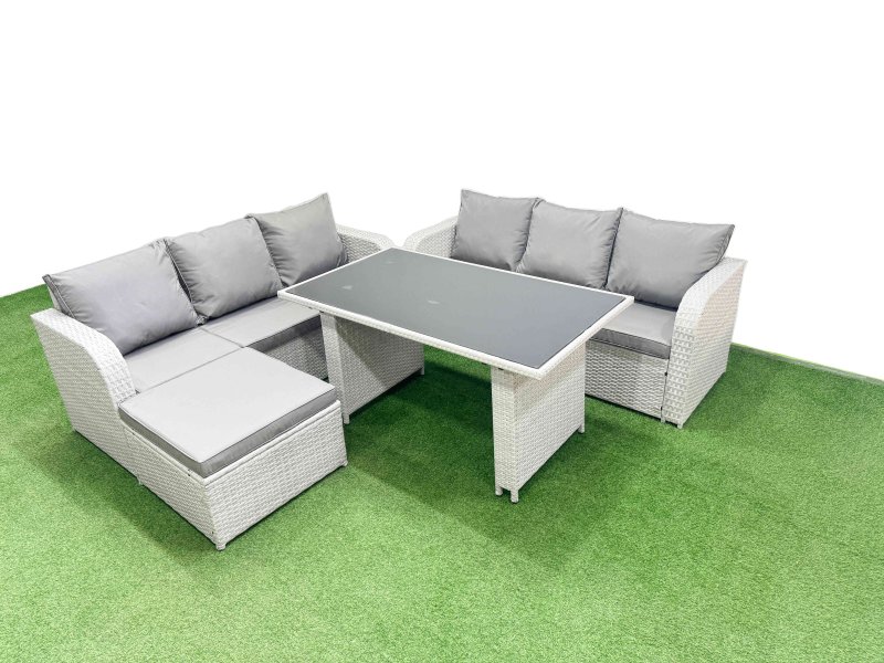 Fimous 7 Seater Rattan Outdoor Dining Table 3 Seater Sofa Set with Big Stool Light Grey
