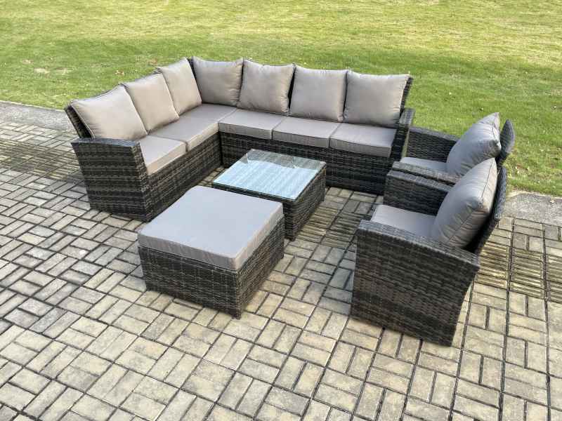 Fimous Rattan Garden Furniture Set Outdoor Lounge Corner Sofa Set With Square Coffee Table Big Footstool 2 Armchairs 9 Seater Dark Grey Mixed