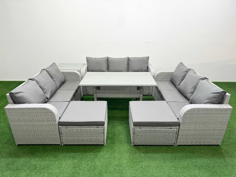 Fimous PE Rattan Lounge Sofa Set 11 Seater Outdoor Garden Furniture Set with Rectangular Dining Table 3 Seater Sofa 2 Big Footstools Side Table Light Grey