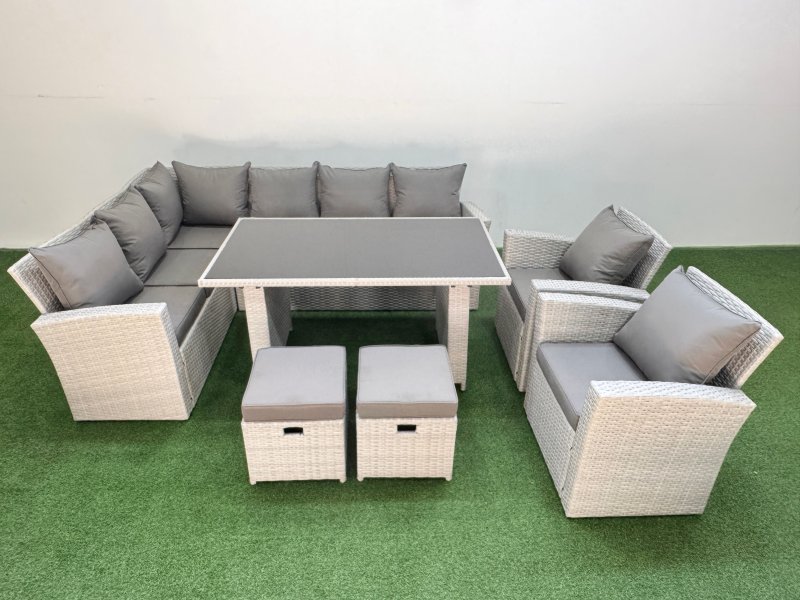 Fimous 10 Seater Wicker Rattan Corner Sofa Sets Outdoor Garden Furniture Sets with Rectangular Dining Table Lounge Sofa 2 Small Footstools Light Grey