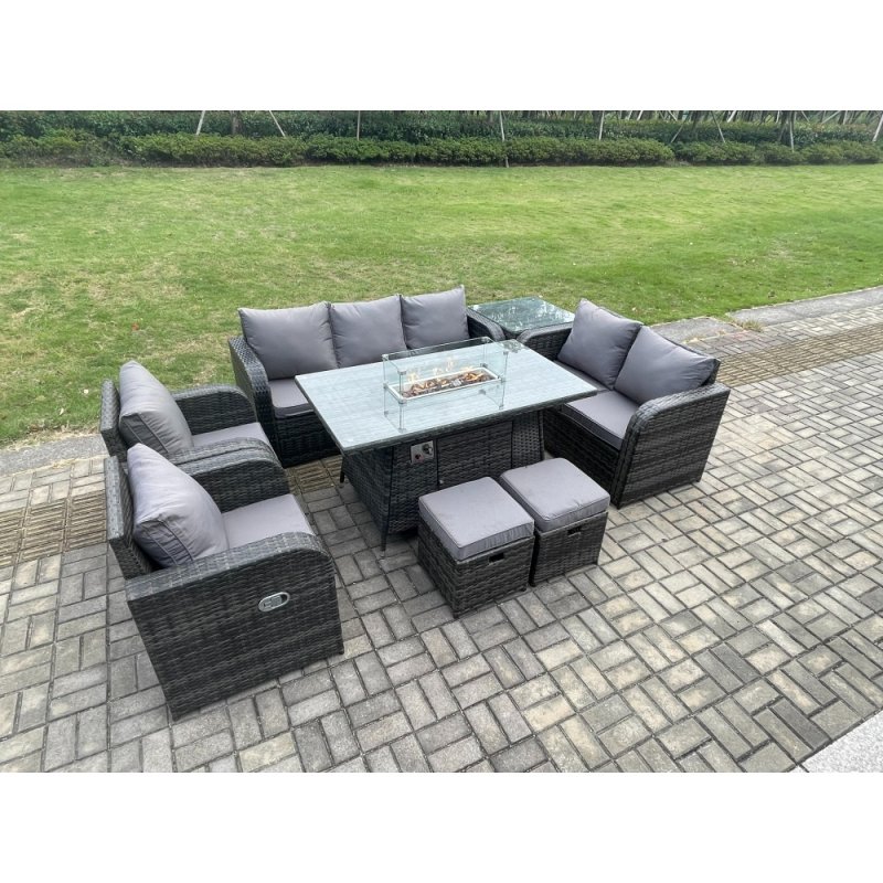 Fimous 9 Seater PE Wicker Outdoor Rattan Garden Furniture Set Propane Gas Fire Pit Table and Sofa Chair set with Side Table 2 Small Footstools