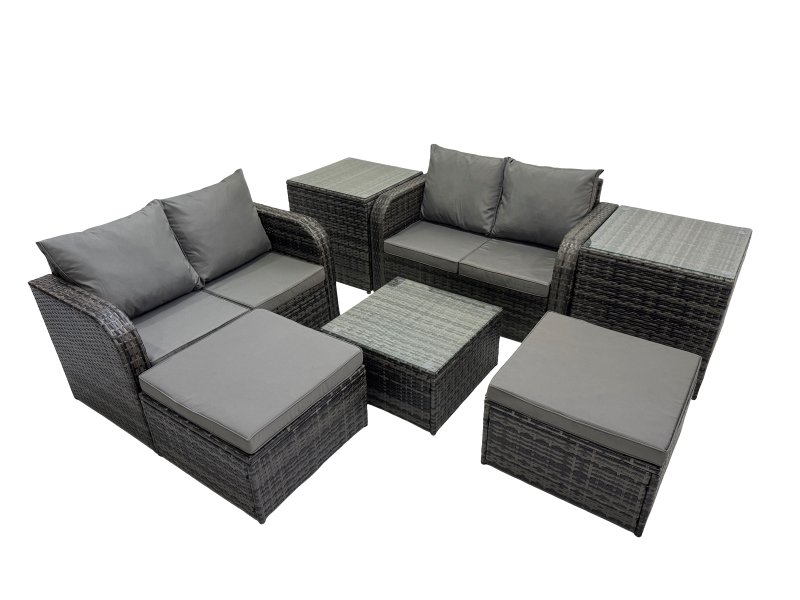 Fimous Rattan Garden Outdoor Furniture Set Love Sofa Square Coffee Table Set with 2 Side Table 2 Big Stools Dark Grey Mixed