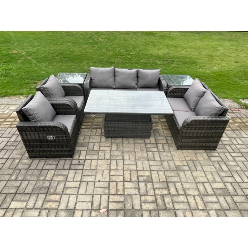 Fimous Wicker PE Rattan Outdoor Garden Furniture Sets Height Adjustable Rising lifting Dining Table Reclining Chair Sofa Set with 2 Side Tables Dark Grey Mixed